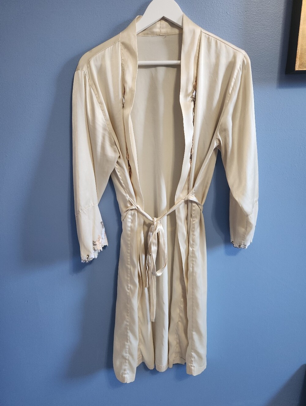 Silky Satin Cream Wrap Robe with Floral Lace Details